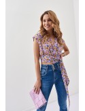 Chiffon blouse with ties in a floral print, lilac and yellow 20450 - Online store - Boutique